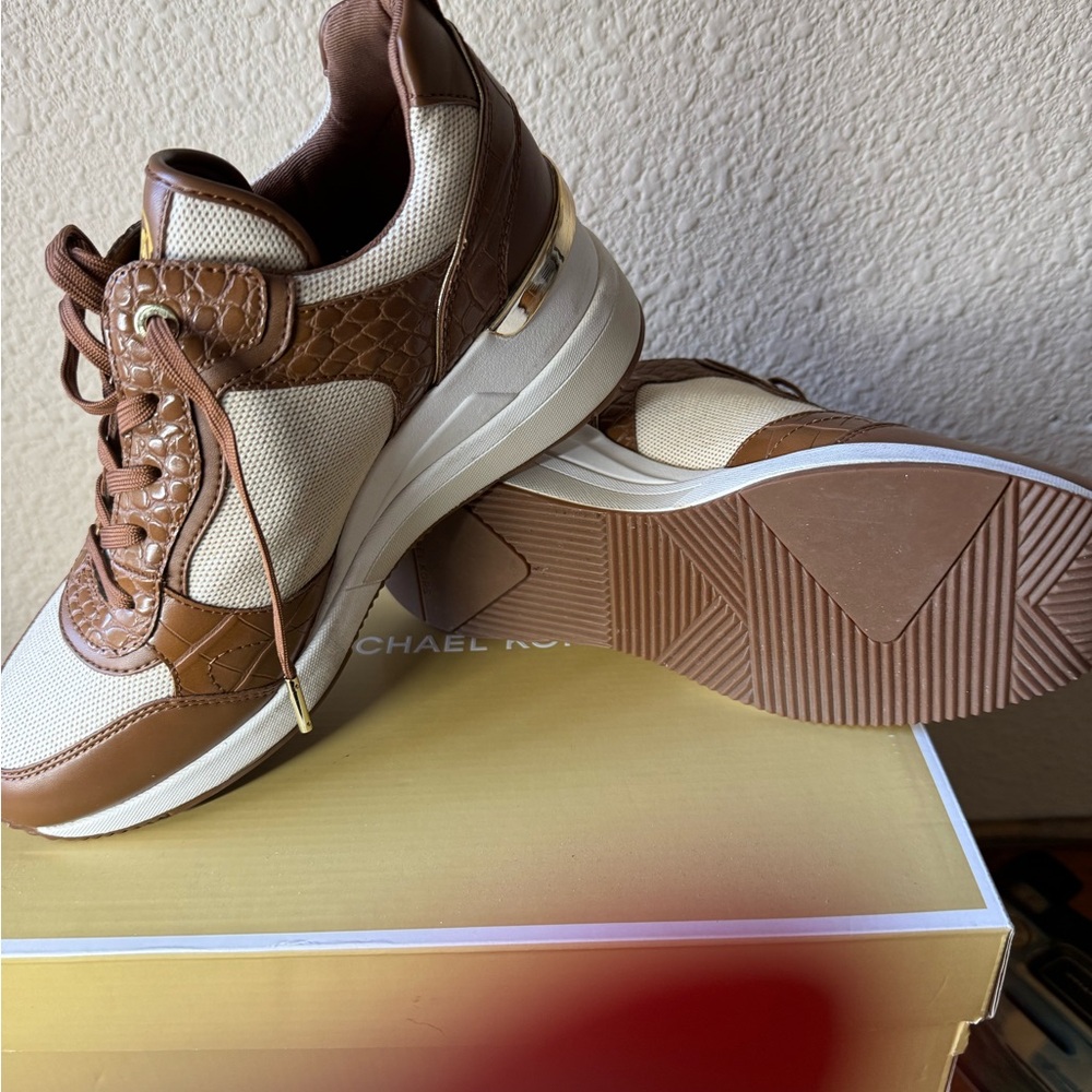Size 9, Michael Kors Tan and Cream Casual Sneakers. Never worn in original box.